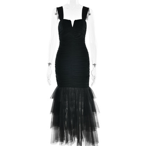 Halter Maxi Dress Long <b>Skirt</b> Sheer Layer Folds Sleeveless Natural Waistline Evening Dress - Product Image 5