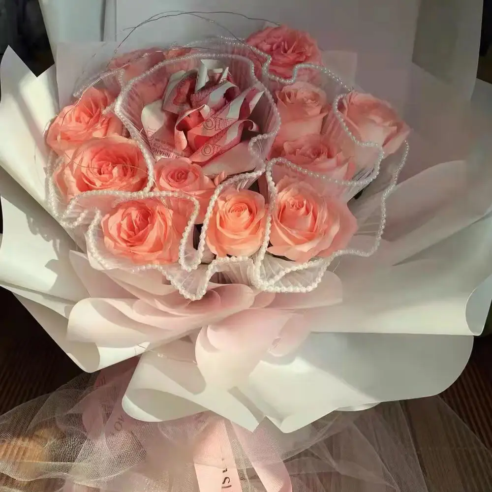 Offre spéciale mariée Bouquet de fleurs vague fil blanc dentelle fleur emballage fleur Rose Bouquet pour la décoration et le cadeau