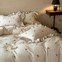 Ensemble de literie en coton prélavé de haute qualité, motif floral gris brodé avec dentelle, ensemble de housse de couette 4 pièces, vente en gros
