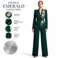 Trajes de Negocios para Mujer 2026, Elegantes, Verde Esmeralda, Apliques Florales 3D, Blazer Bordado, Conjuntos de Pantalón, Pierna Ancha, Lujosos, Personalizados OEM/ODM