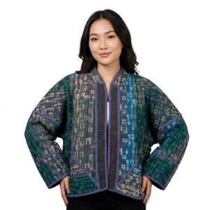 WOODEN BLOCK CRAFT INDIA Veste Kantha en coton indien respirante, écologique, à séchage rapide, imprimée à la main, col mandarin, pour femme - Product Image 1