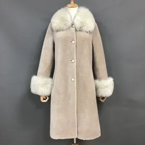 Abrigo largo de piel de oveja de invierno personalizado con cuello de piel de zorro real de talla grande para mujer chaqueta de piel de oveja genuina