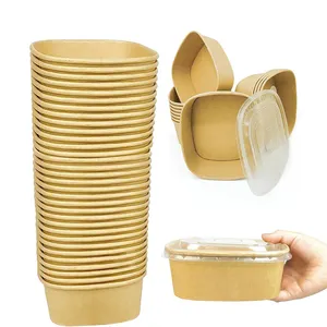 도매 일회용 사각 종이 그릇 가열 크래프트 방수 맞춤형 인쇄 로고 종이 샐러드 찌르기 그릇 PE 뚜껑