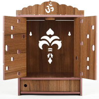Armoire de prière hindoue en bois, temple mural avec symbole Om et tiroirs pour le culte domestique et le rangement de l'autel religieux