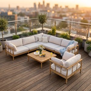 Ensemble de canapés de jardin modulaires modernes en bois massif pour terrasse, mobilier de conversation en forme de L avec sièges rembourrés pour jardin, 6 places - Product Image 3