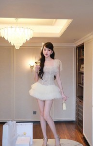 Vestido de Fiesta Corto con Cintura Ajustada, 100% Poliéster, Manga con Volantes, Organza Bordada con Encaje de Flores, Capa de Malla, Estilo Vintage - Product Image 2