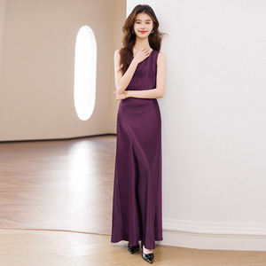 V-Neck Sleeveless Satin Dress A-Line Fitted Waist Long Evening Gown - Product Image 2