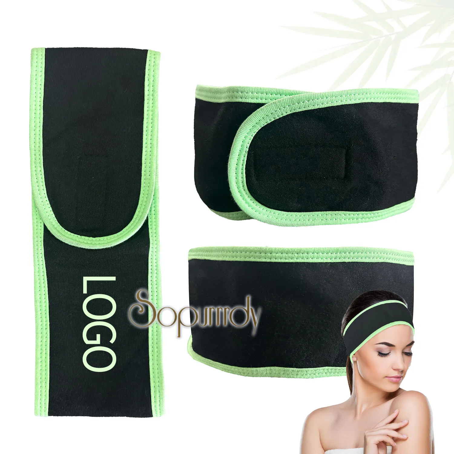 Bando handuk hitam wanita, ikat kepala bambu organik untuk mencuci wajah perawatan kulit Makeup
