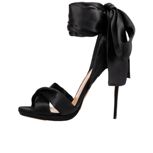<span class=keywords><strong>Sandali</strong></span> Eleganti da Donna con Tacco Alto Sottile in <span class=keywords><strong>Raso</strong></span> Rosso e Nero, Scarpe Estive con Soletta Impermeabile in PU, Modello Avvolgente che Aumenta l'Altezza - Product Image 4
