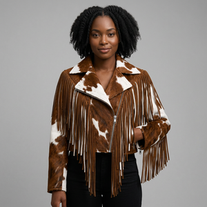 <b>Women's</b> Genuine Leather Cowhide <b>Fringed</b> Eco-friendly Lightweight Moto <b>Jacket</b> Stand Collar Zipper Closure Full Sleeve Regular - Product Image 3