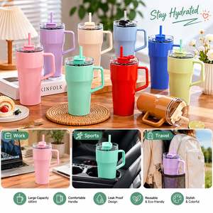 Custom Logo Single Wall Plastic Tumbler <b>With</b> <b>Handle</b> and Straw BPA Free Reusable <b>Travel</b> <b>Mug</b> for Coffee Water Gifts Bulk Wholesale - Product Image 2