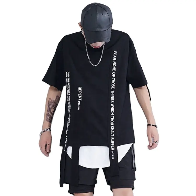 Produk Baru terlaris orisinalitas Streetwear pakaian Hip Hop polos tanpa hitam pria S kaus dengan pita