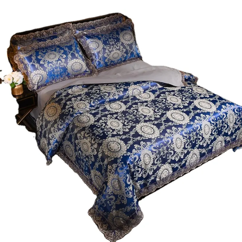 Bedding manufacturers wholesale luxury European style glossy lace edge imitate silk satin jacquard bedding set 4 pcs