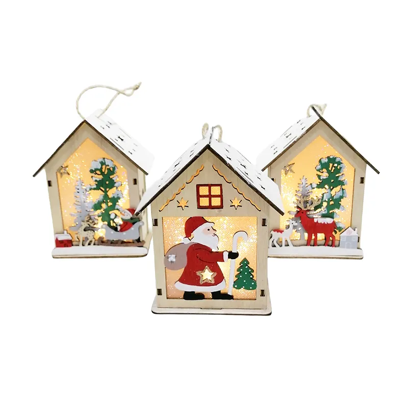 Venda quente de enfeite de madeira para decoração de Natal, casa de Natal suspensa