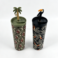 Tasse à café à double paroi avec impression par transfert thermique motif cocotier, gobelet en silicone sans BPA avec couvercle à paille et base antidérapante, mug de voyage