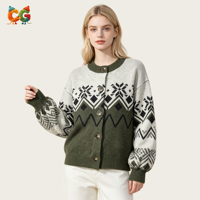 CG Custom Private Label Ladies Vintage Fair Isle Knit Cardigan Snowflake Diamond Jacquard Drop Shoulder Sweater Coat OEM ODM