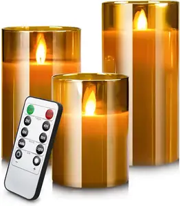 Bougies LED sans flamme en verre à piles avec télécommande et fonction de minuterie avec secousse de flamme Ensemble de 3 bougies pilier de cire