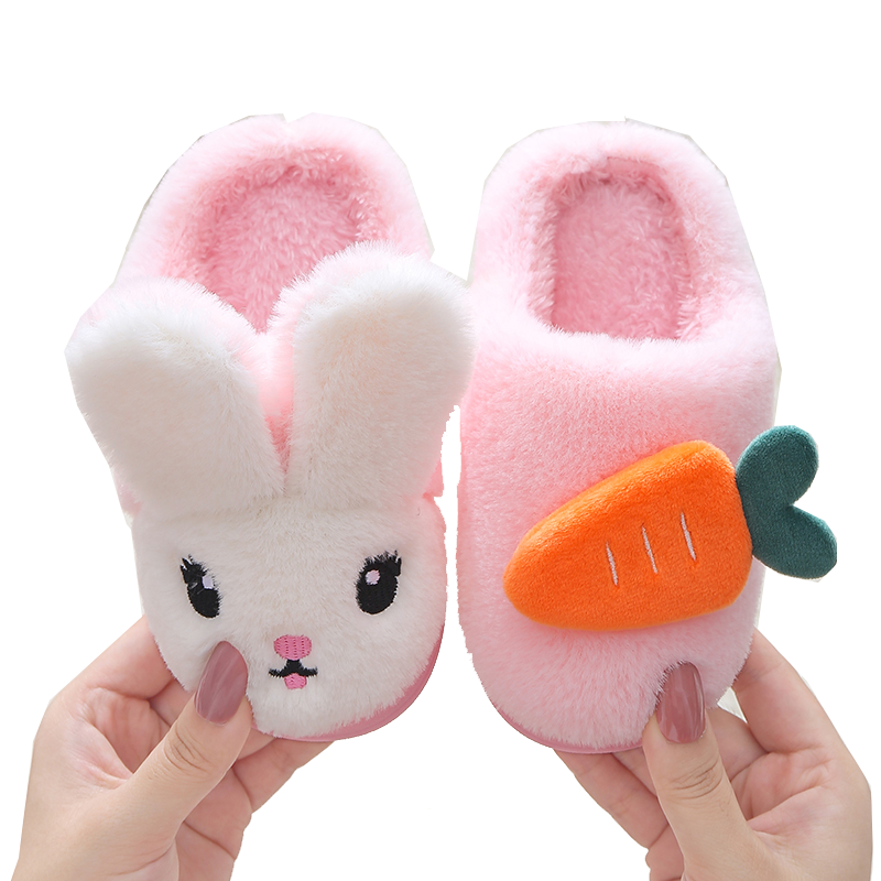 Детские хлопковые тапочки, зимняя обувь на плоской подошве с мультяшными кроликами для девочек, домашние Нескользящие Детские теплые тапочки из хлопка с мягкой подошвой