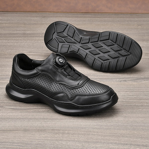 Men's Leather Walking Shoes <b>Round</b> <b>Toe</b> Breathable Mesh Lining Rubber Outsole Low <b>Heel</b> Automatic Buckle Comfort Casual Shoes - Product Image 3