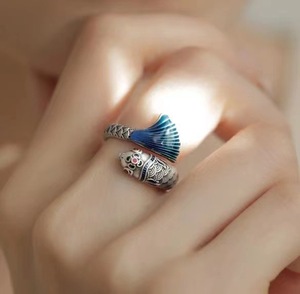 Vintage Silver Enamel Color Koi Fish <b>Adjustable</b> <b>Ring</b> Chinese Classical Niche Elegant Charm Ladies Brand Jewelry Party Gift - Product Image 2