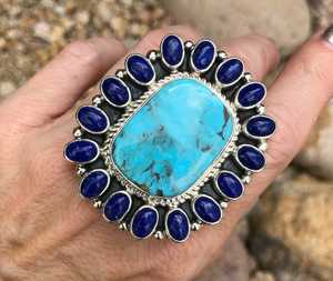 Lapislázuli y turquesa ovalada cabujón piedra semipreciosa anillos de piedras preciosas al por mayor 925 Plata sólida joyería fábrica India - Product Image 1