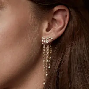 Fashion Siliver Tassel Drop Earring Pin Crystal Cube Earrings Indian Jewellery Tasel Earrings