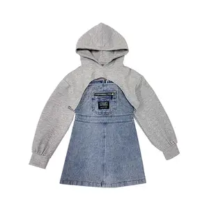 W2436 spring new arrival fashion baby girls 2 pcs clothing sets big kids fleece with denim overall dress boutiques