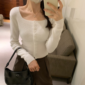 Elegante Cardigan da Donna Autunno Inverno Nuovo con Collo Quadrato, Vita Corta, Vestibilità Slim, Maniche Lunghe e Dettagli in <span class=keywords><strong>Pizzo</strong></span> Halter - Product Image 2