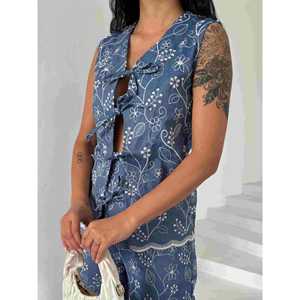 ชุดจั๊มสูทแขนกุดปักลายดอกไม้สีฟ้าสำหรับผู้หญิงไซส์ S ชุดลำลอง - Product Image 2