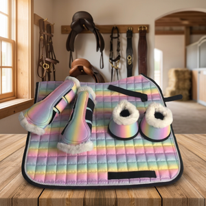 Almohadilla de silla de montar acolchada arcoíris con botas de protección a juego y botas de cascabel para equitación - Product Image 4