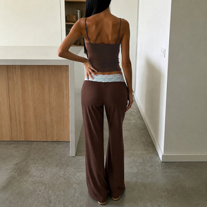 Conjunto de Dos Piezas de Punto con Bloques de Color y Ribete de Encaje para Mujer, Top Camisola y Pantalones, Estilo Y2K, Ropa Casual a la Moda - Product Image 2