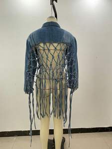 Bleu <span class=keywords><strong>en</strong></span> détresse déchiré culture Denim <span class=keywords><strong>veste</strong></span> mode femmes <span class=keywords><strong>jean</strong></span> <span class=keywords><strong>veste</strong></span> manteaux avant court <span class=keywords><strong>dos</strong></span> longs manteaux Sexy femmes Denim vestes - Product Image 5