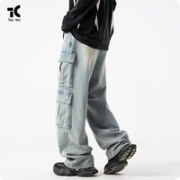 Pantalon cargo long décontracté noir tendance pour homme, coupe ample, en denim clair délavé et vieilli, style Y2K, écologique et confortable