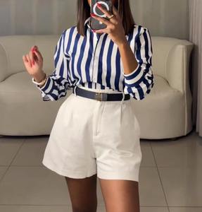 O6027-2025 blus lengan panjang wanita, pakaian kantor kasual motif garis-garis untuk perempuan - Product Image 2