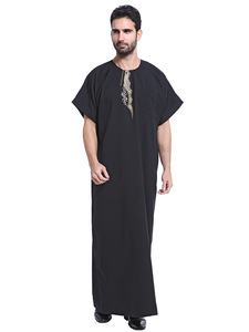 Tuta Lunga Estiva da <span class=keywords><strong>Uomo</strong></span> Musulmano Arabo in Poliestere Morbido Tinta Unita con Ricamo Frontale a Maniche Corte e Scollo a O, Vestibilità Ampia, per Commercio all'Ingrosso - Product Image 3