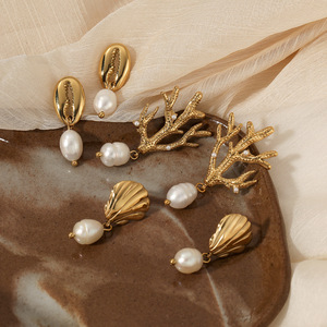 <span class=keywords><strong>Orecchini</strong></span> a Perno in Acciaio Inossidabile con Conchiglie Cowry, Serie Ocean Pearl Drop, Gioielli Placcati Oro per Vacanze al Mare - Product Image 1