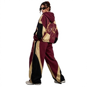 <b>Women's</b> Hooded Acid Wash Tracksuit Set Maroon Gold <b>Black</b> Color Blocking Streetwear Loose Fit <b>Shorts</b> with Side Pockets - Product Image 2