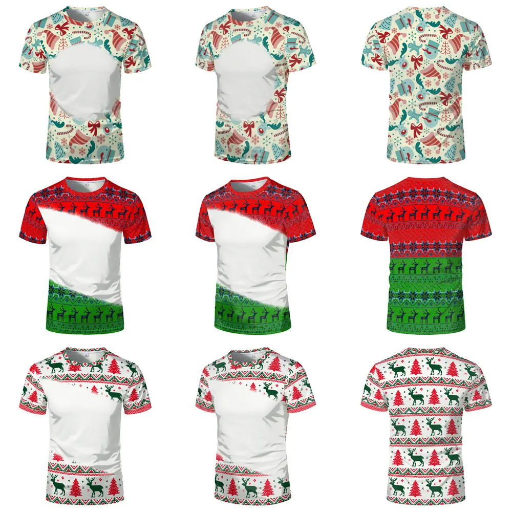 Custom Sublimation Christmas Bleached T-Shirts Unisex Printed Polyester Gift Faux Bleach Tops Tees Good Sublimation Effect