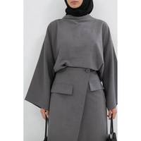Ensemble deux pièces modeste pour femmes - Haut à manches longues et jupe longue enveloppante avec détail poche pour la mode musulmane