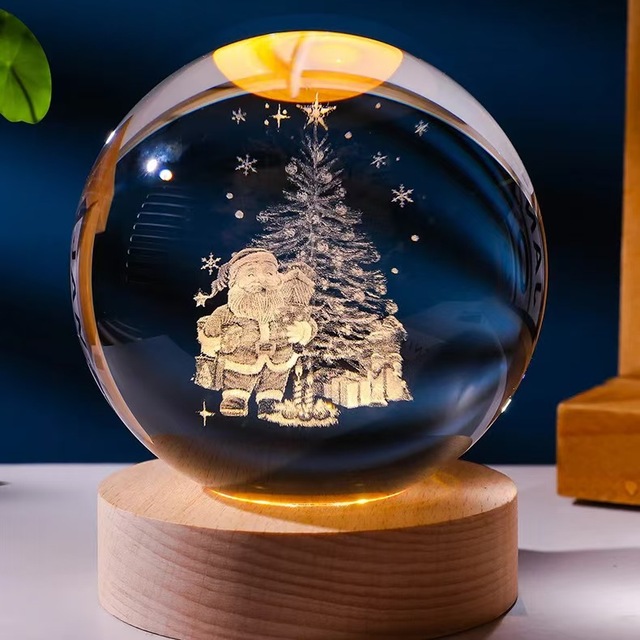 Crystal Ball 3D Laser Carved Night Lamp LED Light Gift with Wood Base