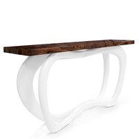Table console de luxe style farmhouse, plateau en mosaïque géométrique en placage d'ébène, base en feuille de cuivre, finition haute brillance