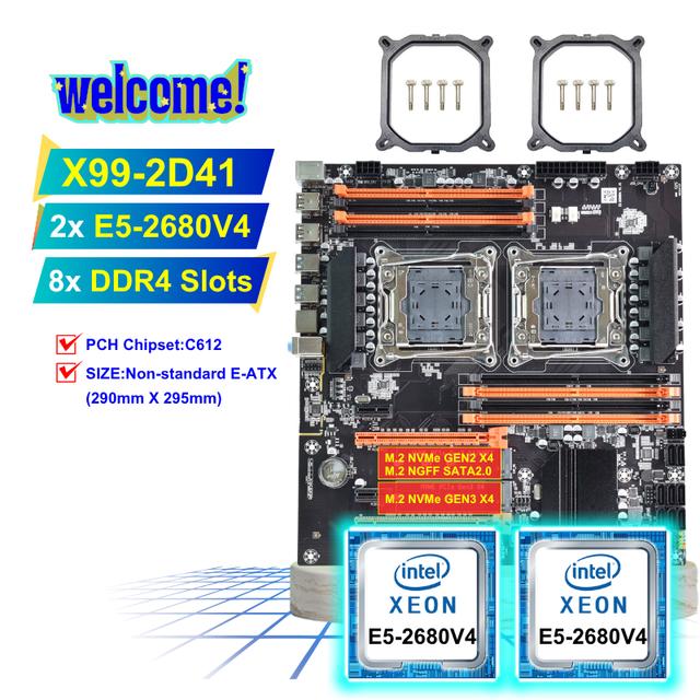 PANDL NEW X99-2D41 E-ATX 8X DDR4 ECC RAM Mainboard Set Intel Dual Xeon E5 2680 V4 X99 Motherboard Dual Cpu Combo Xeon X99 Kit