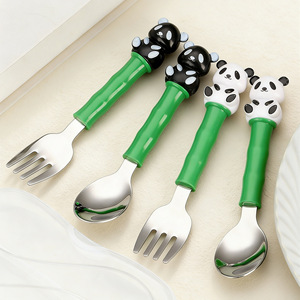 Cute Panda Bamboo Handle 304 Stainless Steel Spoon Fork <b>Set</b> For Kids Eating Utensils - Product Image 2