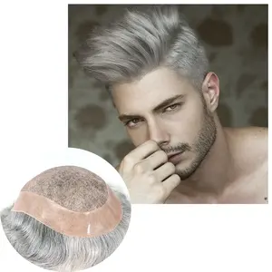 China Lace Base Human Hair Toupee Man 6inch Long Natural Gray Hair Piece Mens Replacement System Lace Front Natural Hair Line