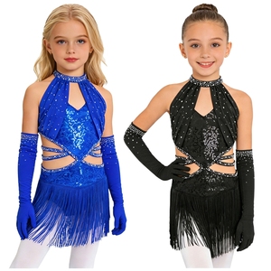 Traje de Baile Latino para Niñas de 6 a 16 Años, Vestidos con 1 Par de Guantes de Malla para Actuaciones en Escenario, Competiciones y Fiestas - Product Image 1