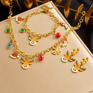 Cartoon Reindeer Pendant Stainless Steel Chain Necklace <b>Bracelet</b> Earring Jewelry <b>Set</b> For Women Party Gift - Product Image 1