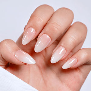 Uñas Postizas de Longitud Media, OEM ODM, Personalizadas, Naturales, Estilo Baby Boomer, Forma de Almendra Artificial, Estampado Dorado, Color Nude Ombre, ABS - Product Image 1