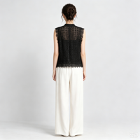 Gilet sans manches en dentelle noire pour femme, col mandarin, boutons grenouillère, haut ajouré, style chinois élégant et tendance