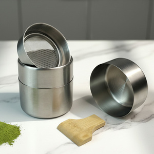 <span class=keywords><strong>150</strong></span> gramos logotipo personalizado 304 acero inoxidable redondo vacío tamiz Matcha contenedor con bambú Matcha polvo espátula - Product Image 2