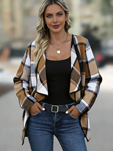 Abrigo a Cuadros Marrón con Bloques de Color para Mujer |   Chaqueta Oversize Elegante para Tallas Grandes |   Ropa de abrigo informal para otoño e invierno - Product Image 1